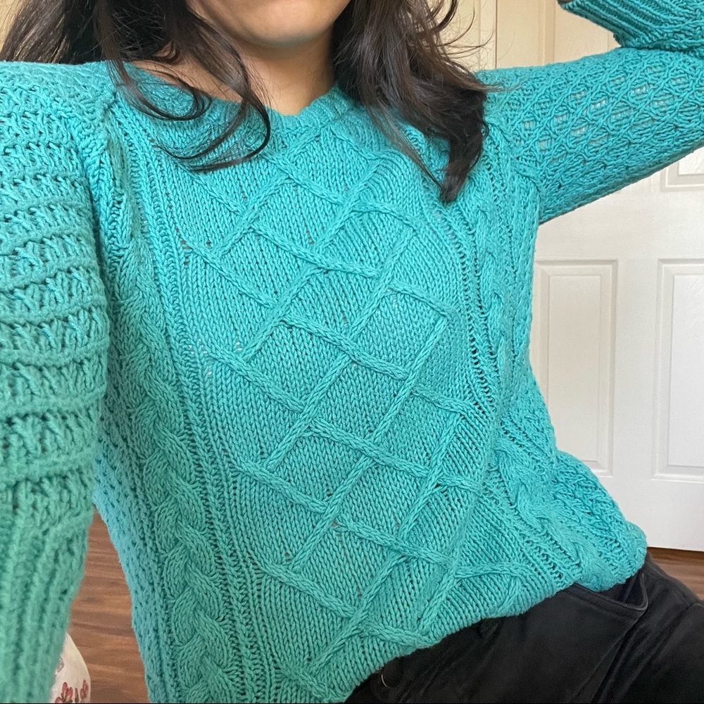 turquoise cable knit sweater, size small